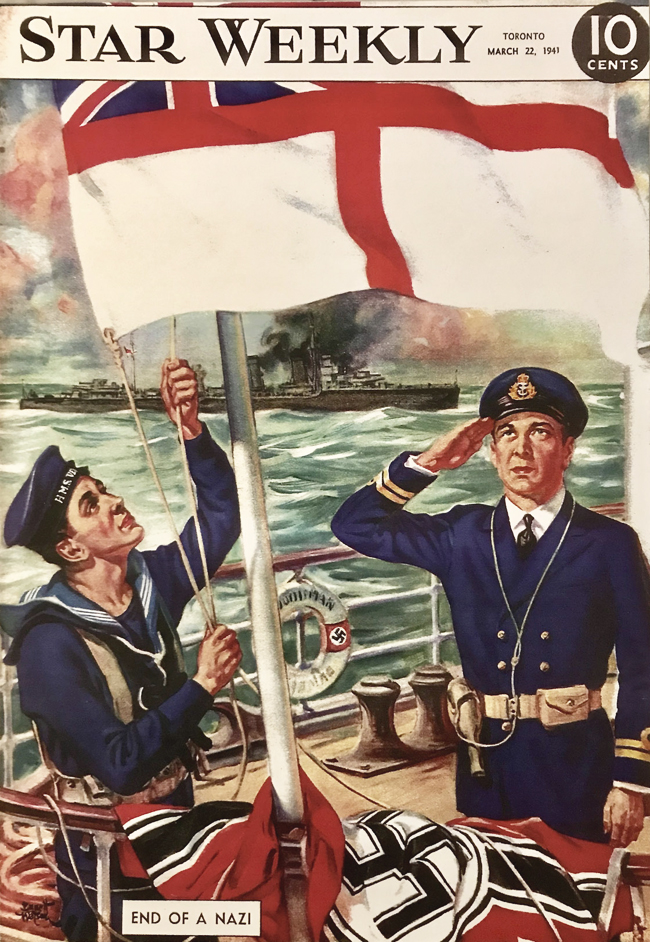 Star Weekly magazine cover rated March 22, 1941 shows two naval officers in uniform saluting the English flag while the Nazi flag lies in a crumpled heap on the deck