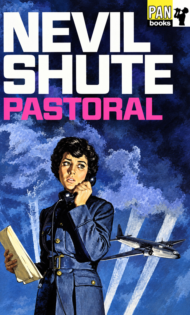 Pastoral, by Nevil Shute shows illustration of woman in blue air force uniform looking very distressed and speaking on an old-fashioned black telephone