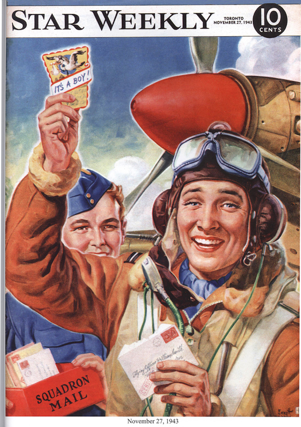 Star Weekly cover illustration titled It's A Boy, by Emmett Watson, November 27, 1943, shows grinning jubilant Canadian airman in uniform and flying helmet waving a postcard over his head that reads "It's a Boy" while another airman behind him holds a red box with the words Squadron Mail