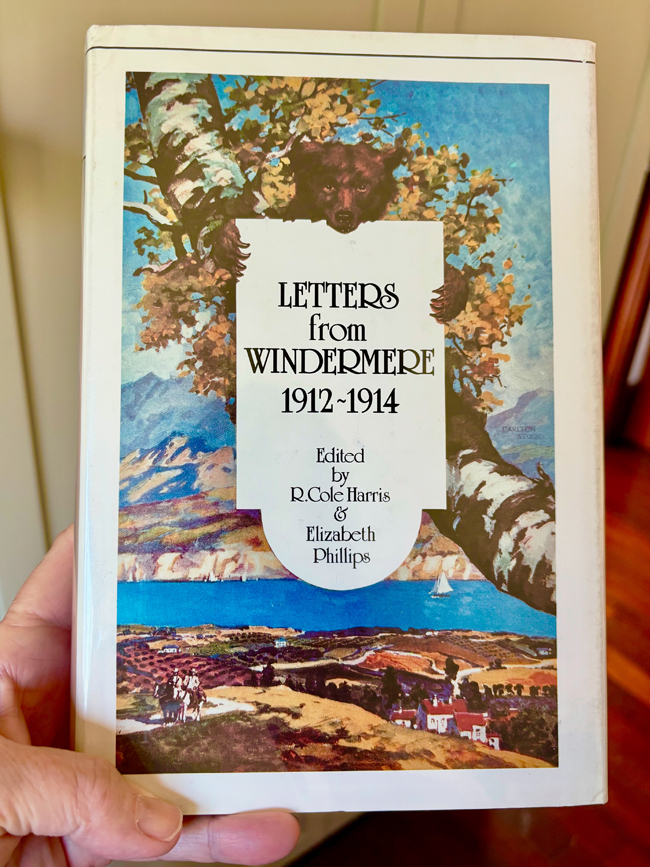 Book cover, Letters From Windermere, Edited by R. Cole Harris and Elizabeth Phillips, showing illustration of blue lake and bear sitting in a leafy tree