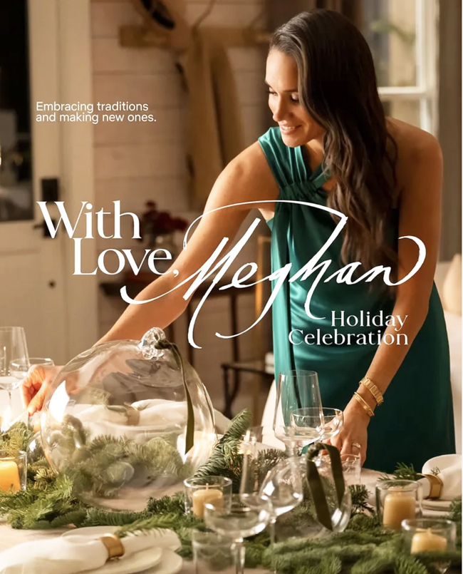 With Love, Meghan graphic promo featuring Meghan Markle in green dress