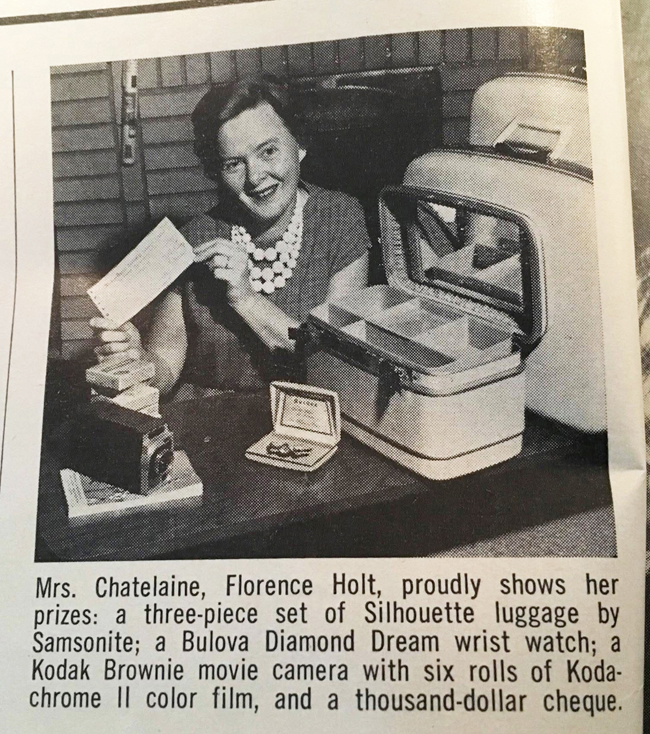 Vintage newspaper clipping with photograph of woman wearing triple stand of pearls
